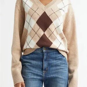 Sporty & Rich Argyle V-Neck Sweater - Cream and Brown